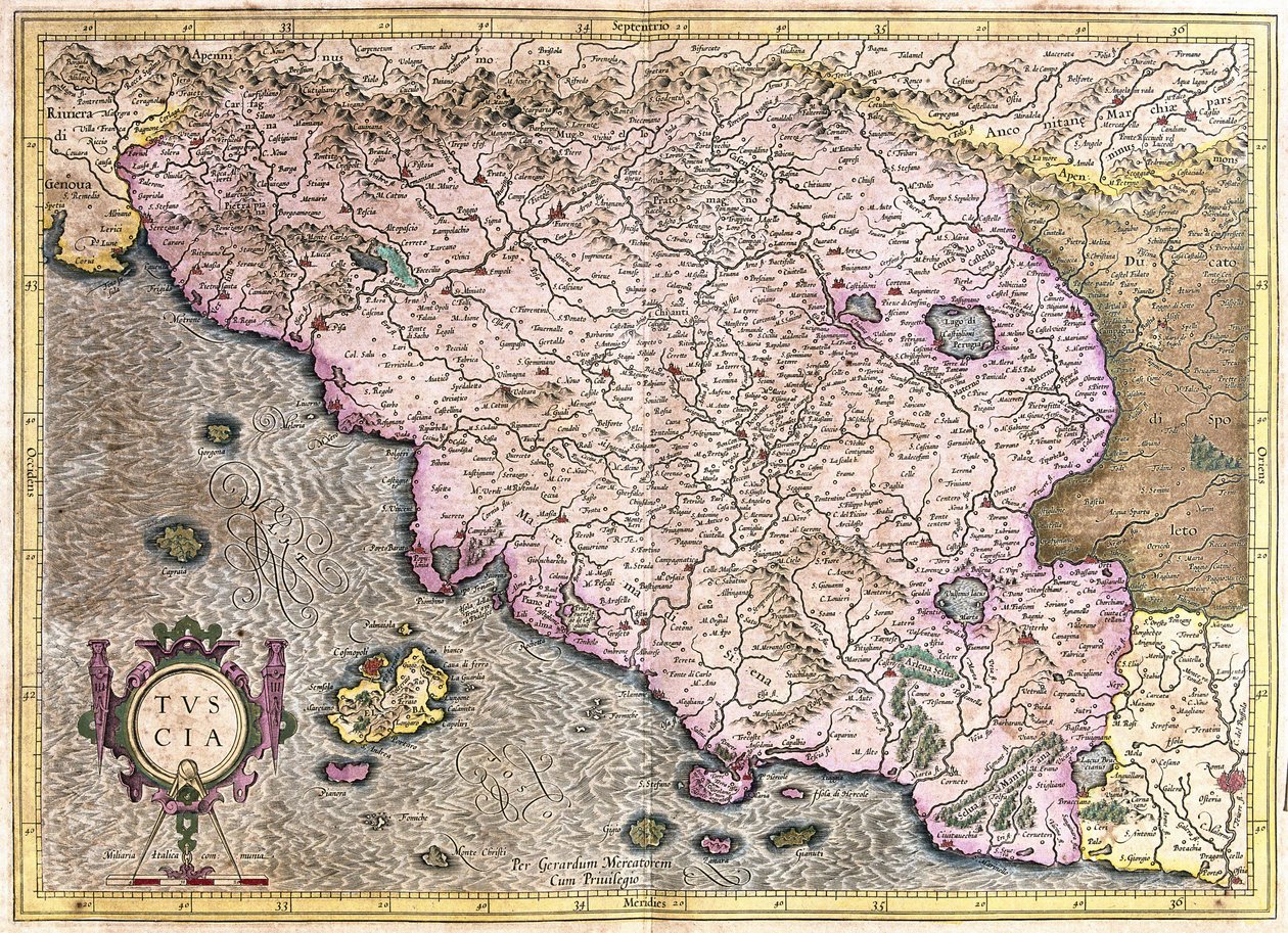 Toscana, Italia (kaiverrus tekijältä Gerardus Mercator