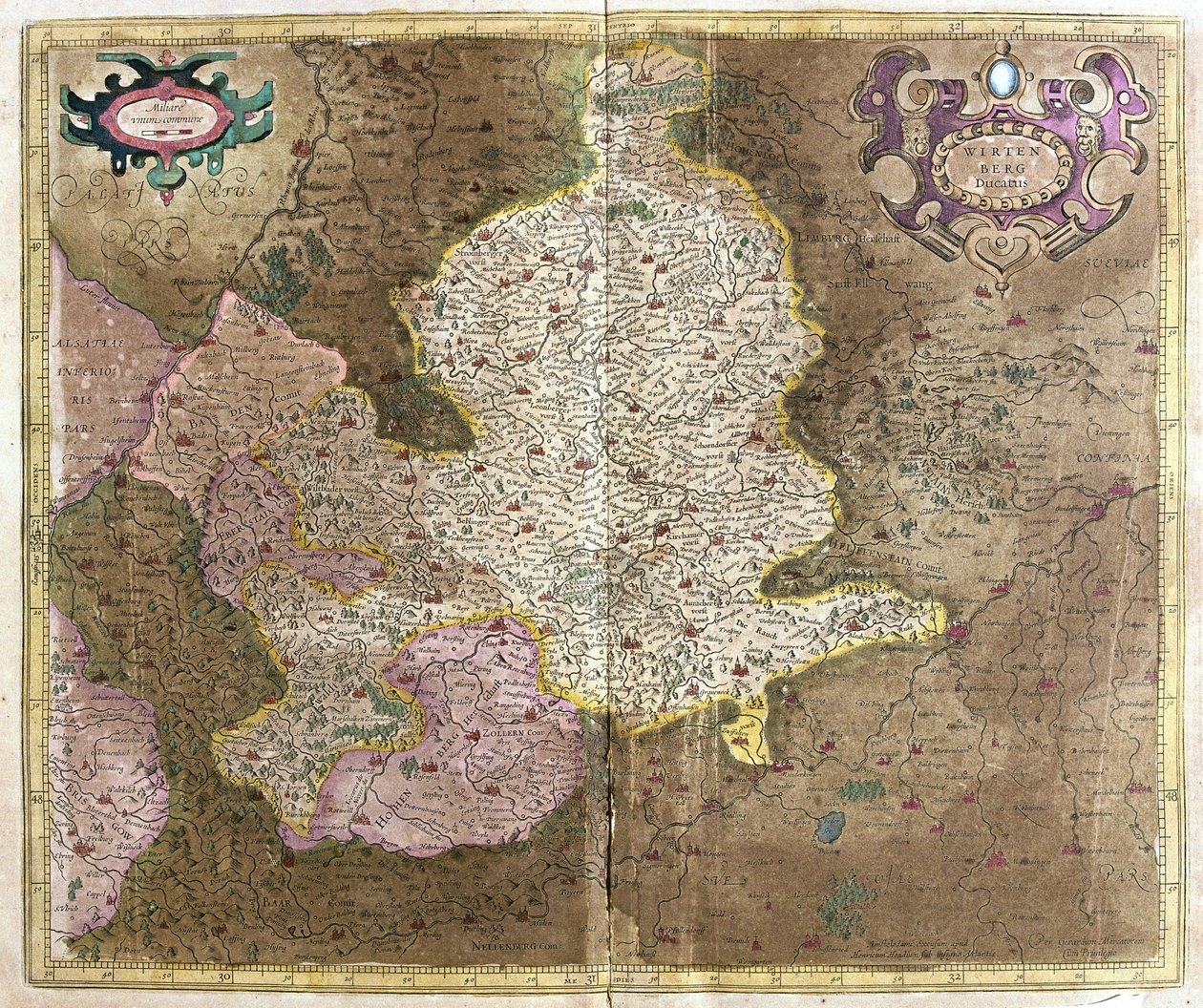Württemberg, Etelä-Saksa (kaiverrus tekijältä Gerardus Mercator