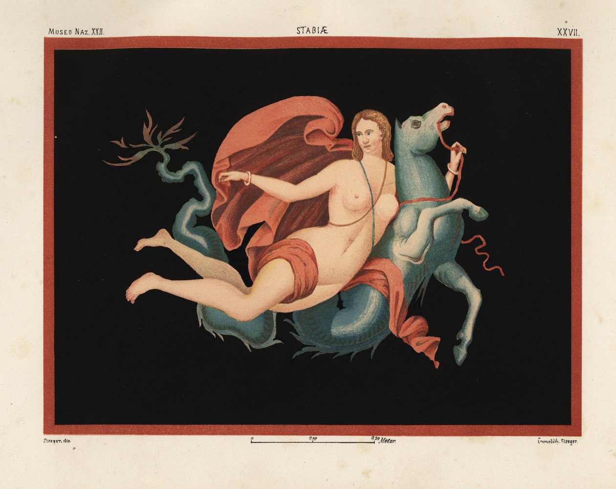 Nereid (merinymfi) vaipassa ja rannekoruissa ratsastamassa merihirviöllä tai hippokampuksella, puoliksi hevonen ja puoliksi kala. Museo Naz. XXII, Stabiae. Piirtänyt ja kromolitografoinut Victor Steeger Emile Presuhnista (1844-1878) Pompejin kauneimmista m tekijältä Geremia Discanno