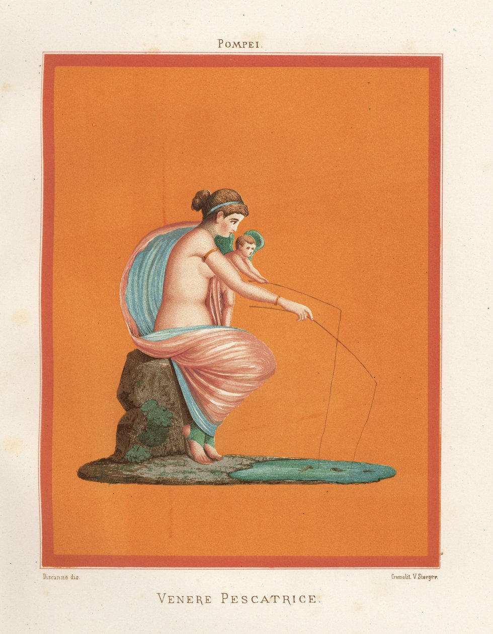 Venuksen seinämaalaus ja Cupidon kalastus vavoilla lammikosta. Löytyy Regio V.V.3:sta, Gladiaattorien talosta. Victor Steegerin kromolitografia Geremia Discannon kuvituksesta Emile Presuhnista (1844-1878) Pompejin kauneimmat maalaukset, tekijältä Geremia Discanno