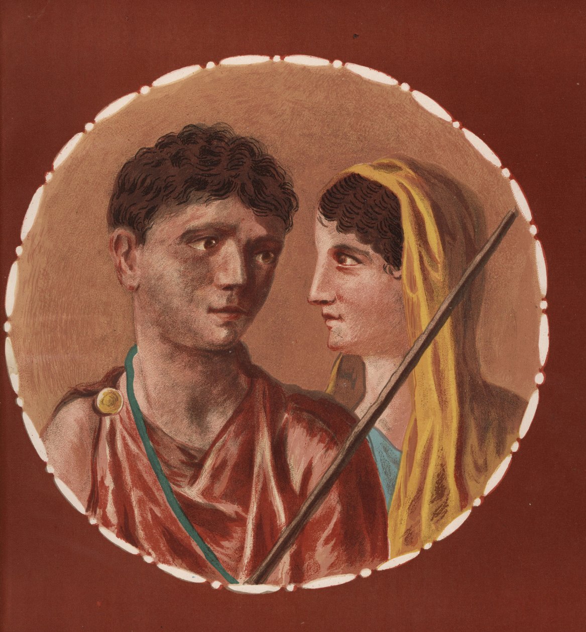 Muotokuva miehestä ja naisesta tuntemattomasta talosta Pompejissa. Victor Steegerin kromolitografia Geremia Discannon kuvituksesta Emile Presuhnista (1844-1878) Pompejin kauneimmat maalaukset, Leipzig tekijältä Geremia Discanno