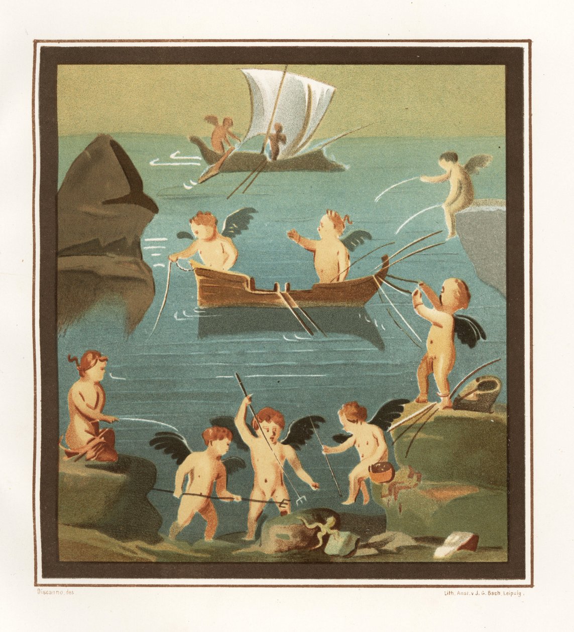 Seinämaalaus cupidoista leikkivästä, kalastavasta, purjehduksesta cubiculumista ravintolatalossa (Casa di Lupanare Piccolo) osoitteessa 14, Regio IX, Insula V. Kromolitografia J.G. Bach Geremia Discannon kuvituksen jälkeen Emile Presuhnista (1844-1878) T tekijältä Geremia Discanno