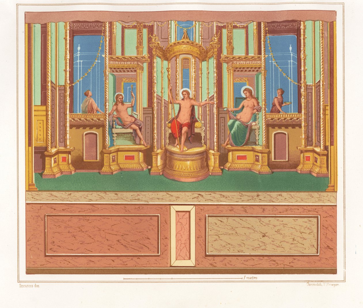 Seinämaalaus, jossa on Bacchus, Venus ja Apollo syrjäiseltä istumapaikalta puutarhan nurkassa Domus M. Herenulli Communis tai House of Apollo, Reg. VI, Ins. VII, nro 23. Victor Steegerin kromolitografi Geremia Discanin kuvituksen jälkeen tekijältä Geremia Discanno