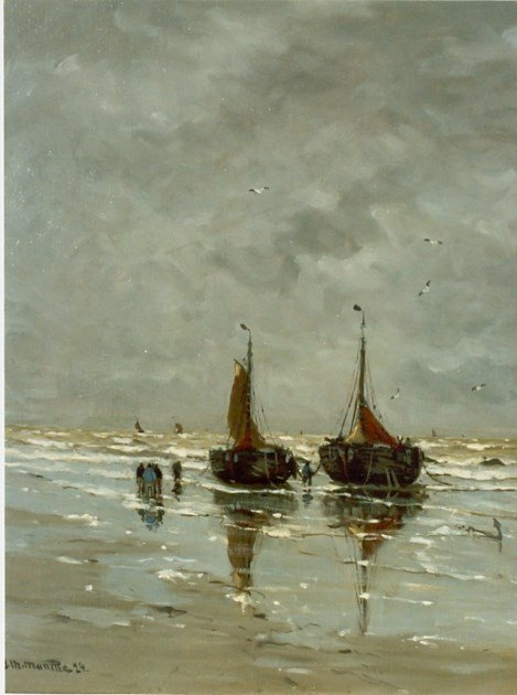 Bommen en vissersvolk op het strand tekijältä Gerhard Morgenstjerne Munthe