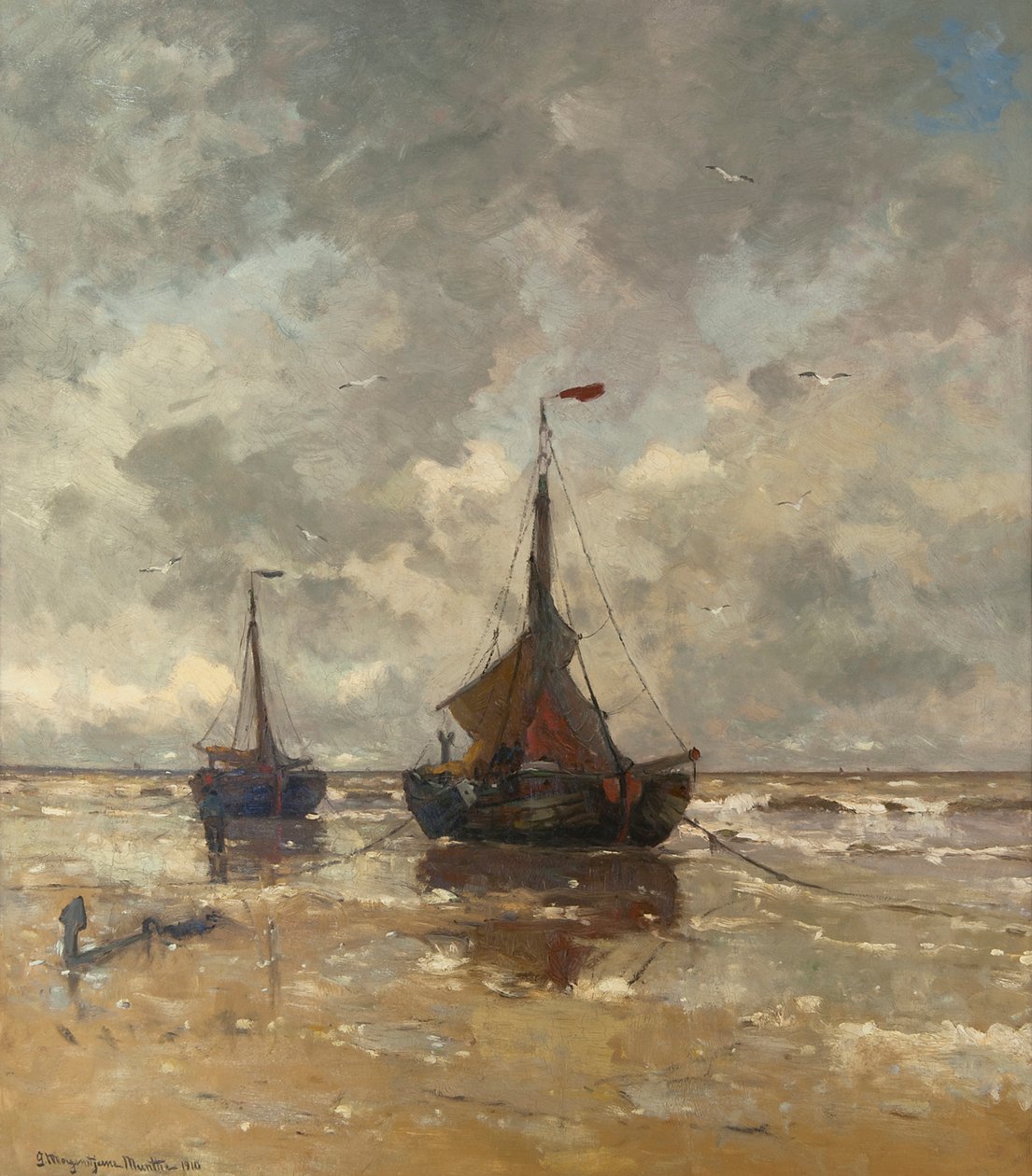 Twee bomschuiten op het strand tekijältä Gerhard Morgenstjerne Munthe