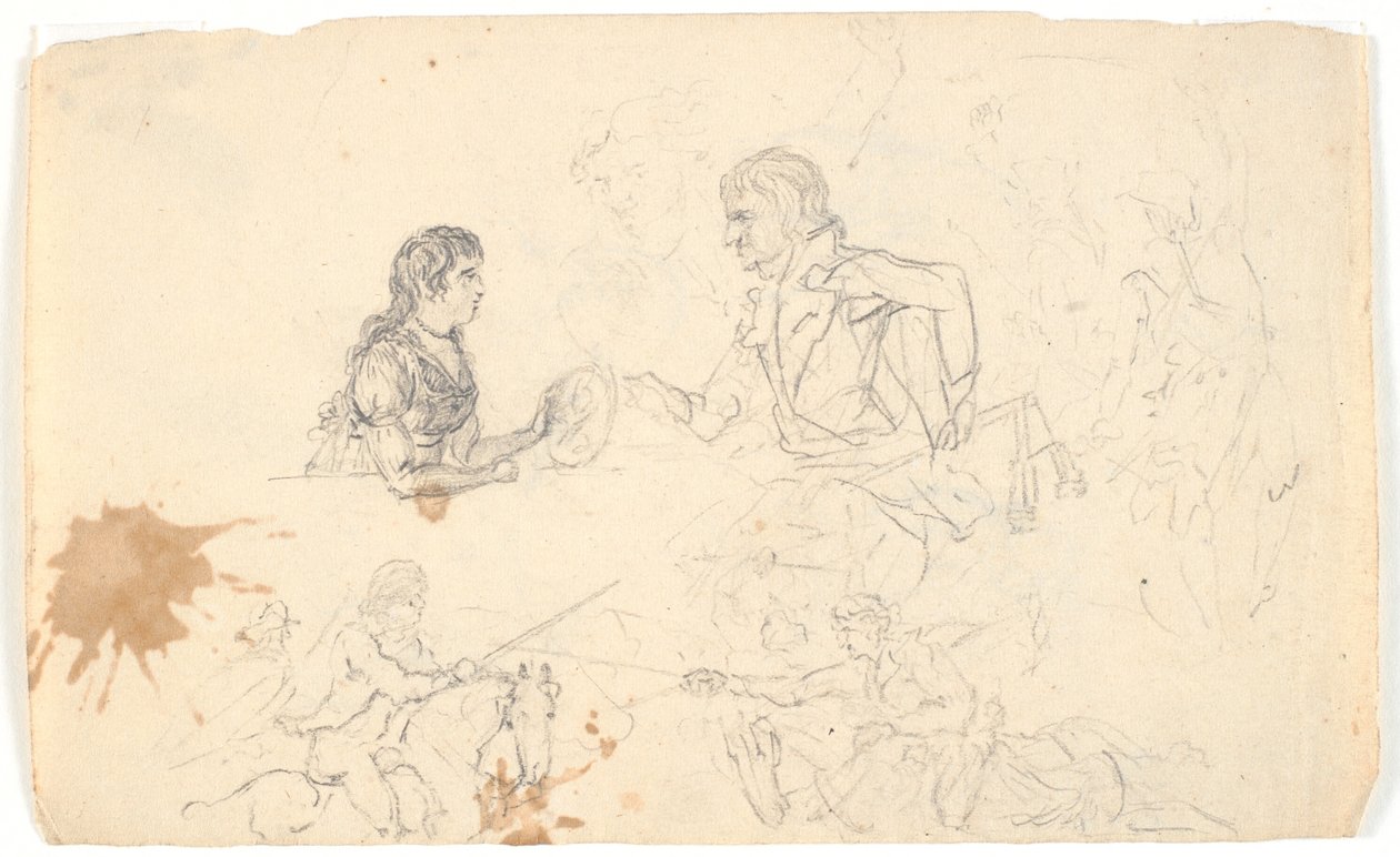 Perinnöllinen prinssi Frederik perinnöllisen prinssin kanssa (Chr. VIII) ja luonnoksia ratsastajista ja hahmoista tekijältä Gerhard Ludvig Lahde