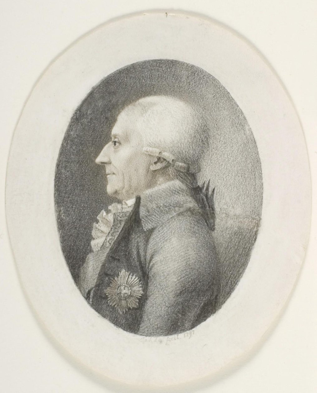 Muotokuva A.P. Bernstorff, kreivi, pääministeri (1735-1797). Rintakuva. Profiili vasemmalla tekijältä Gerhard Ludvig Lahde