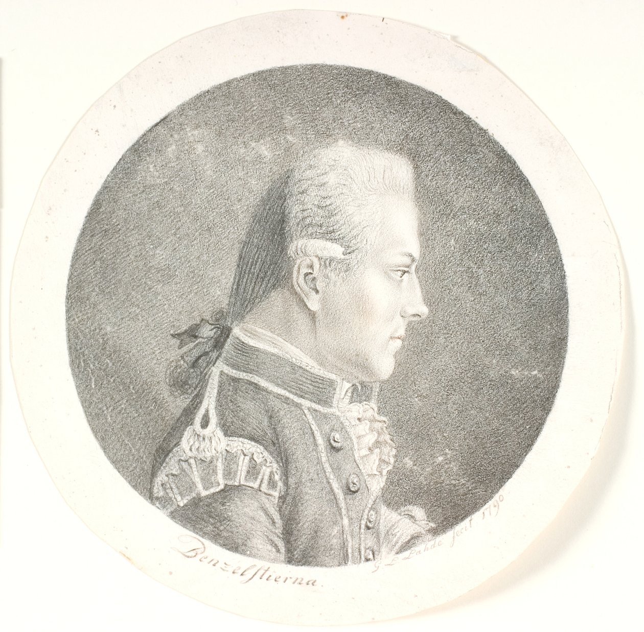 Ruotsalaisen laivaston upseerin (1759-1808) Lars Benzelstjernen muotokuva. Rintakuva. Profiili oikealla tekijältä Gerhard Ludvig Lahde