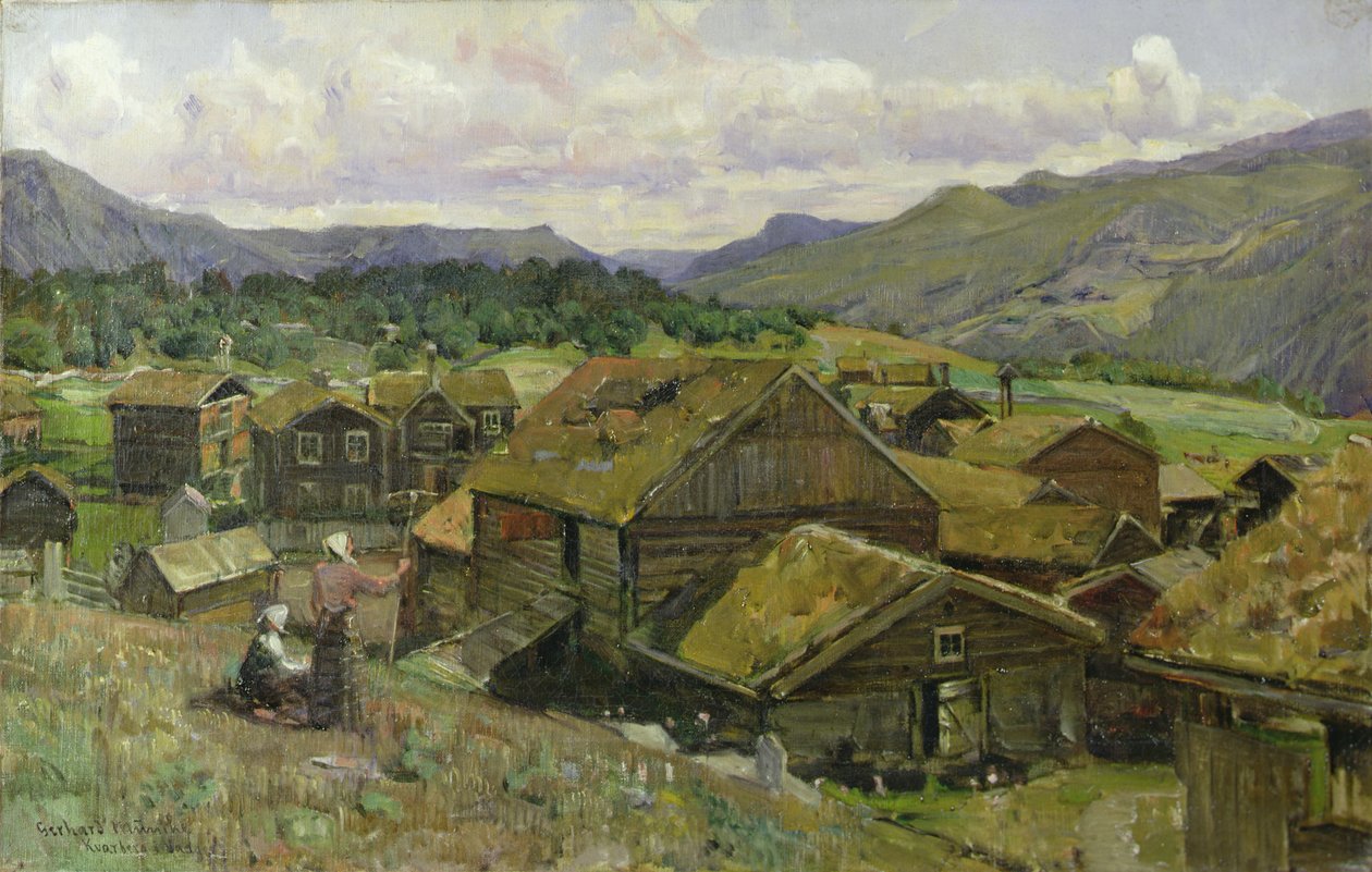 Norjalainen kylä kahdella naisella (öljy kankaalle) tekijältä Gerhard Peter Frantz Vilhelm Munthe