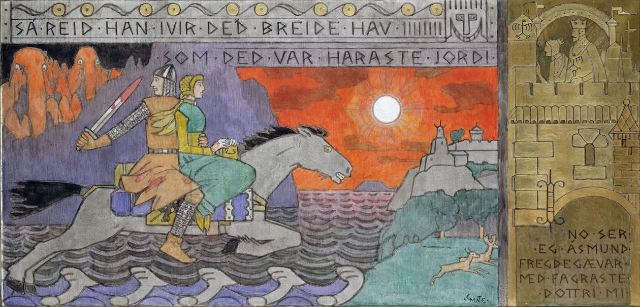 Asmund ja prinsessa ratsastaa kotiin - Munthe, Gerhard (1849-1929) - 1902-1904 - Öljy kankaalle - 62x126,5 - Kansallinen taidemuseo, Oslo tekijältä Gerhard Peter Frantz Vilhelm Munthe