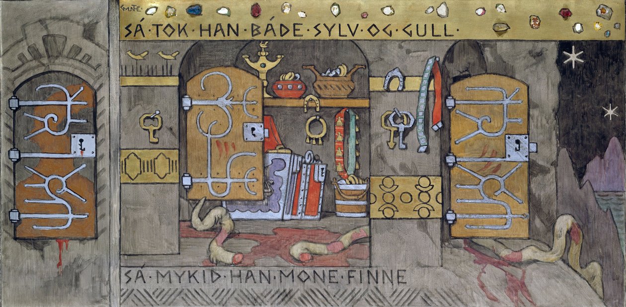 Asmund tuo kotiin hopeaa ja kultaa - Munthe, Gerhard (1849-1929) - 1902-1904 - Öljy kankaalle - 62x122 - Kansallinen taidemuseo, Oslo tekijältä Gerhard Peter Frantz Vilhelm Munthe