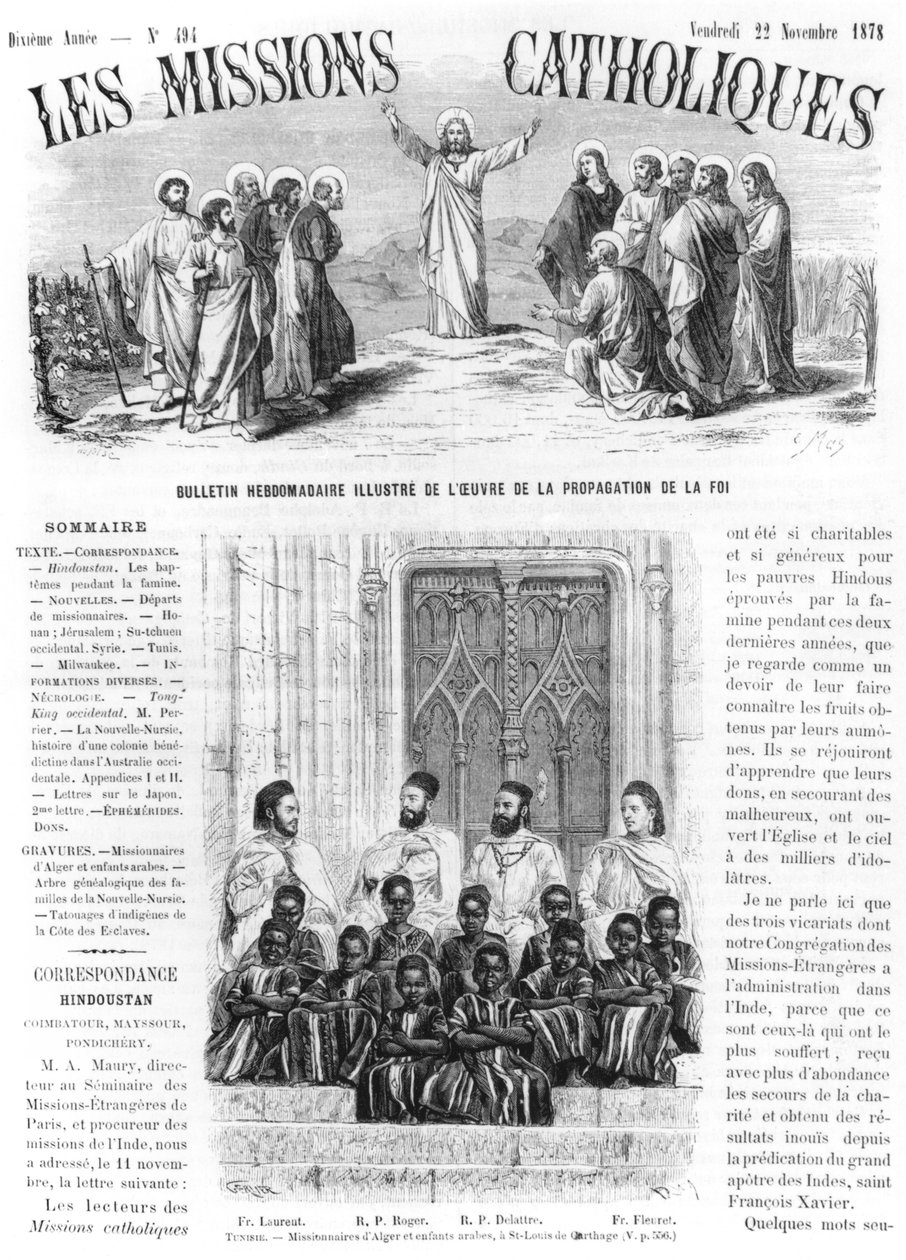 Algerin lähetyssaarnaajat ja arabilapset St. Louis of Carthagossa Tunisiassa, kuvitus "Les Missions Catholiques" -julkaisusta, 22. marraskuuta 1878 tekijältä Gerlier