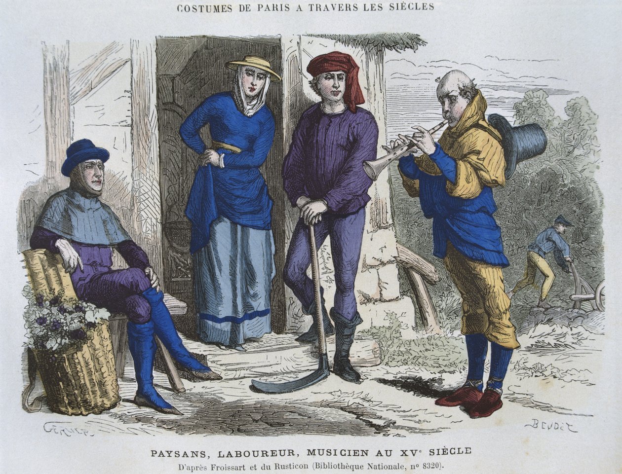 Talonpoika, työmies, muusikko 1500-luvulla, Froissardin Chroniquesin jälkeen, Costumes de Paris a Travers les Sieclesistä, toim. Roy, julkaistu 1887 tekijältä Gerlier