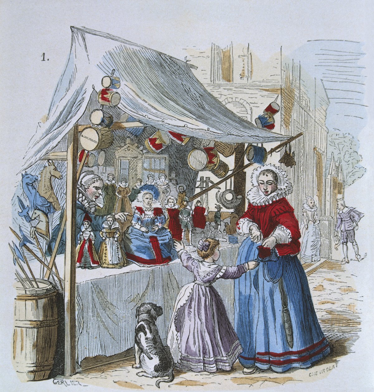 Lelumyyjä 1600-luvulla, kirjasta "costumes de Paris a travers les siecles" (värikaiverrus) tekijältä Gerlier