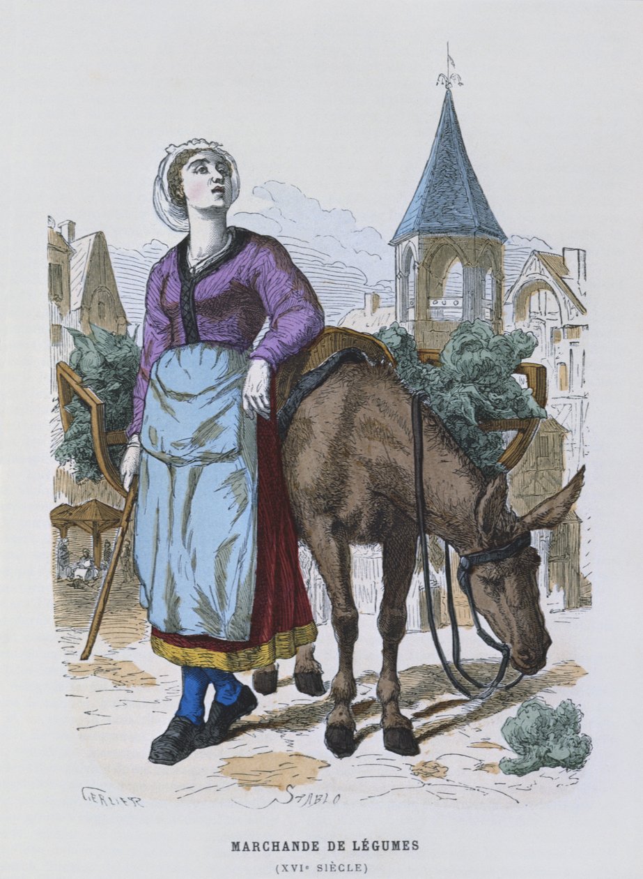 Vihannesmyyjä 1500-luvulla, "costumes de Paris a travers les siecles" tekijältä Gerlier