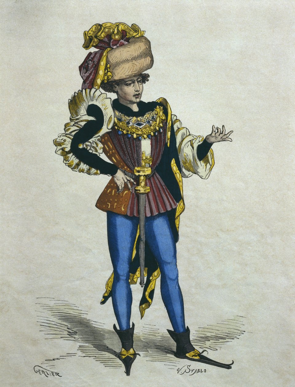 Nuori elegantti mies vuonna 1480, kuvitus H. Gourdon de Genouillacin teoksesta "Costumes de Paris a travers les siecles", kaivertaja Stablo (1800-luku) (värikaiverrus). tekijältä Gerlier