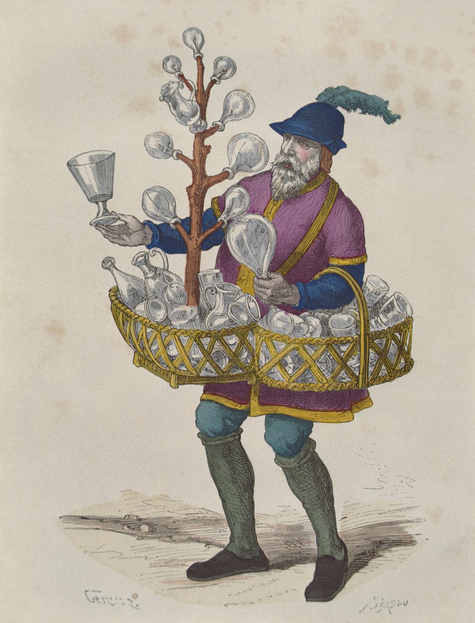 Lasi- ja kristallimyyjä 1500-luvulla, Costumes de Paris a Travers les Siecles, julkaistu 1887 (värikaiverrus) tekijältä Gerlier