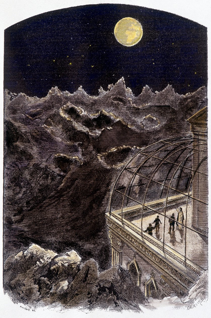 Ihmiset Kuussa tarkkailevat maata - sairas. de Gerlier, teoksessa ""Tuntematon maailma: 2 vuotta kuussa"", Pierre de Sélènes, toim. flammarion tekijältä Gerlier Gerlier