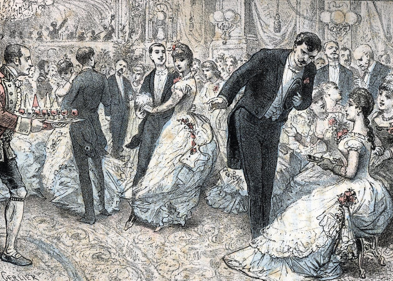 Yhteiskunta ja sosiaalinen elämä: pallo noin 1880 (High Society and social life: the ball) kaiverrus Rengaden "" Elämän tarpeet" -kirjoituksesta tekijältä Gerlier Gerlier