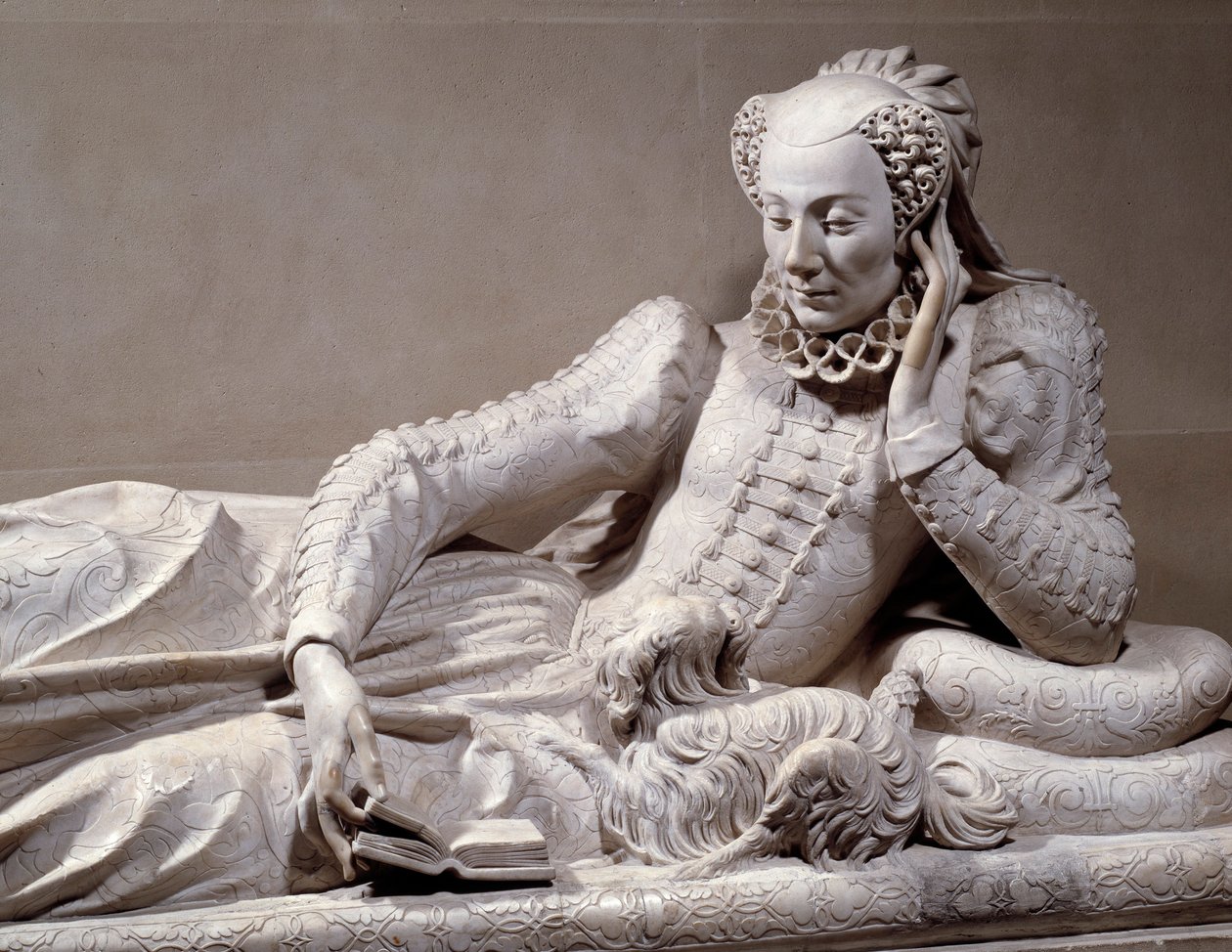 Hautausmuistomerkki: Ranskan liittokanslerin, kardinaali Rene de Biraguen (1506-1583) vaimon Jeanne Valentine Balbianin (1518-1572) hauta. Yksityiskohta. Germain Pilonin (1535 - 1590) marmoriveistos, noin 1573. Pariisi, Musee Du Louvre tekijältä Germain Pilon