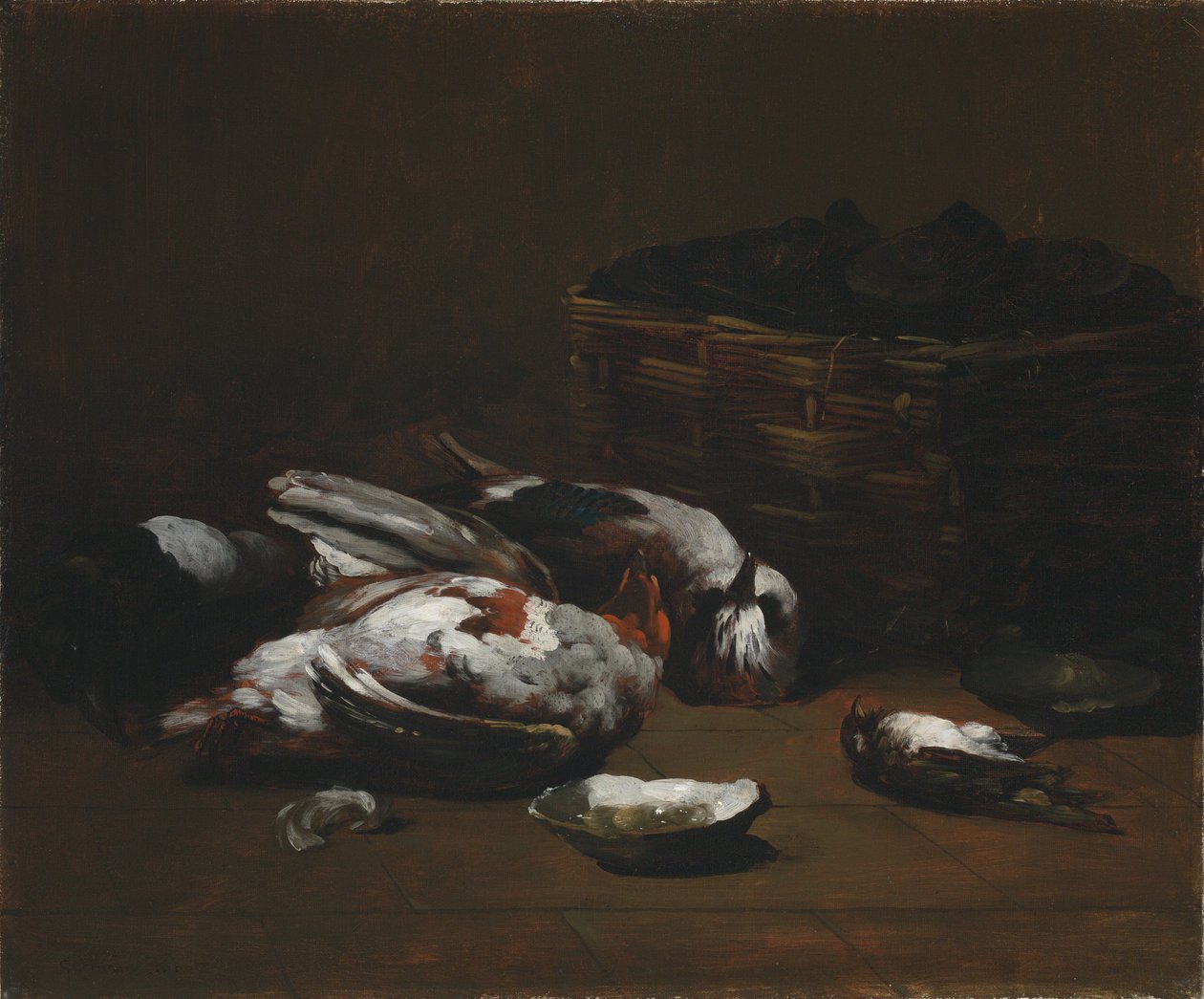 Tyyni elämä kuolleiden lintujen ja osterikorin kanssa, n. 1860 - 1880 (öljy kankaalle) tekijältä Germain Ribot