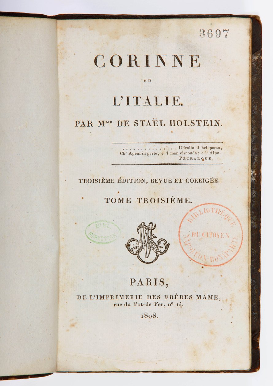 Corinne ou lItalien otsikkosivu, 3. tarkistettu ja laajennettu painos, 3. osa, Imprimerie des Freres Mame, Paris, 1808 (painettu paperi) tekijältä Germaine de Stael