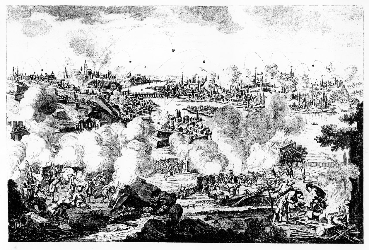 Prahan pommitus 29. ja 30. toukokuuta 1757 välisenä yönä, kaiverrettu P. Benazechilta tekijältä German School