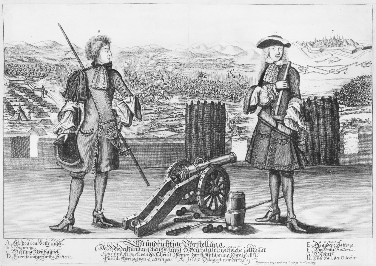 Kaarle V, Lothringenin ja Baarin herttua, insinöörin kanssa Neuhauselin taistelussa turkkilaisia vastaan heinä-elokuussa 1685. tekijältä German School