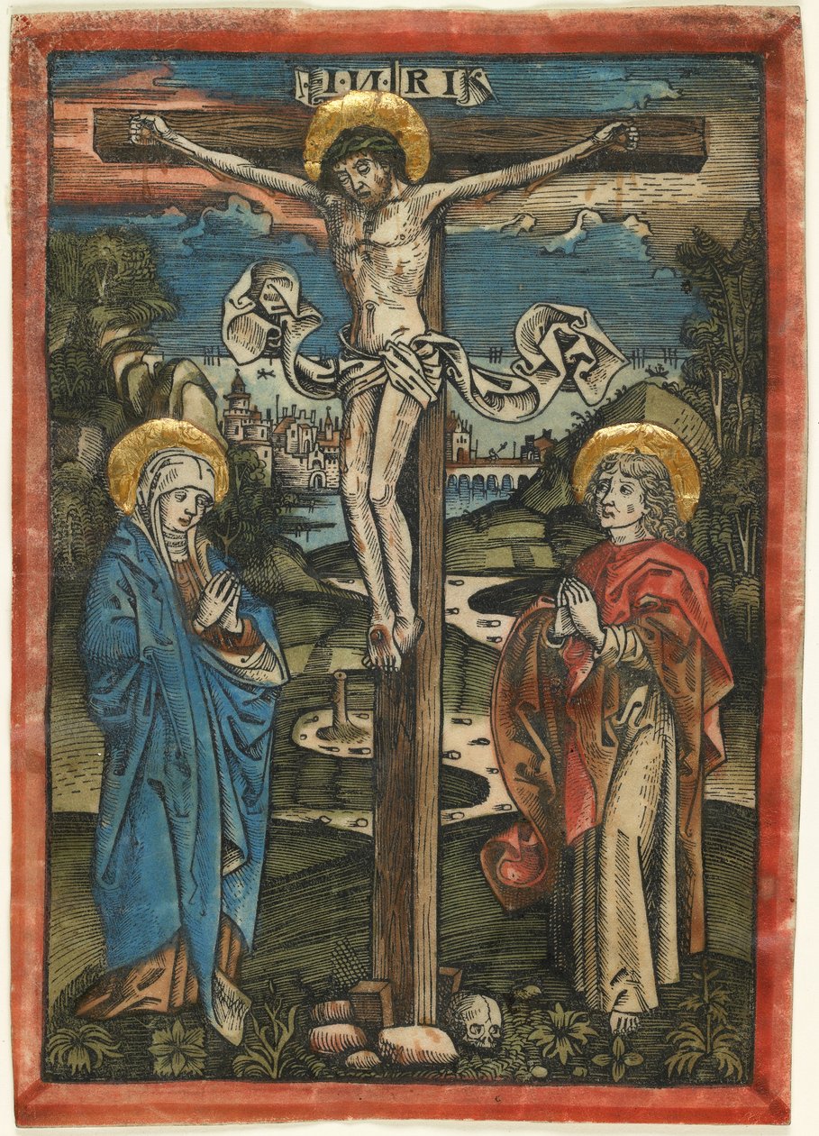 Kristus ristillä Marian ja Pyhän Johanneksen kanssa, Missale Defunctorumista, n. 1499 (käsinvärinen puupiirros velumiin) tekijältä German School
