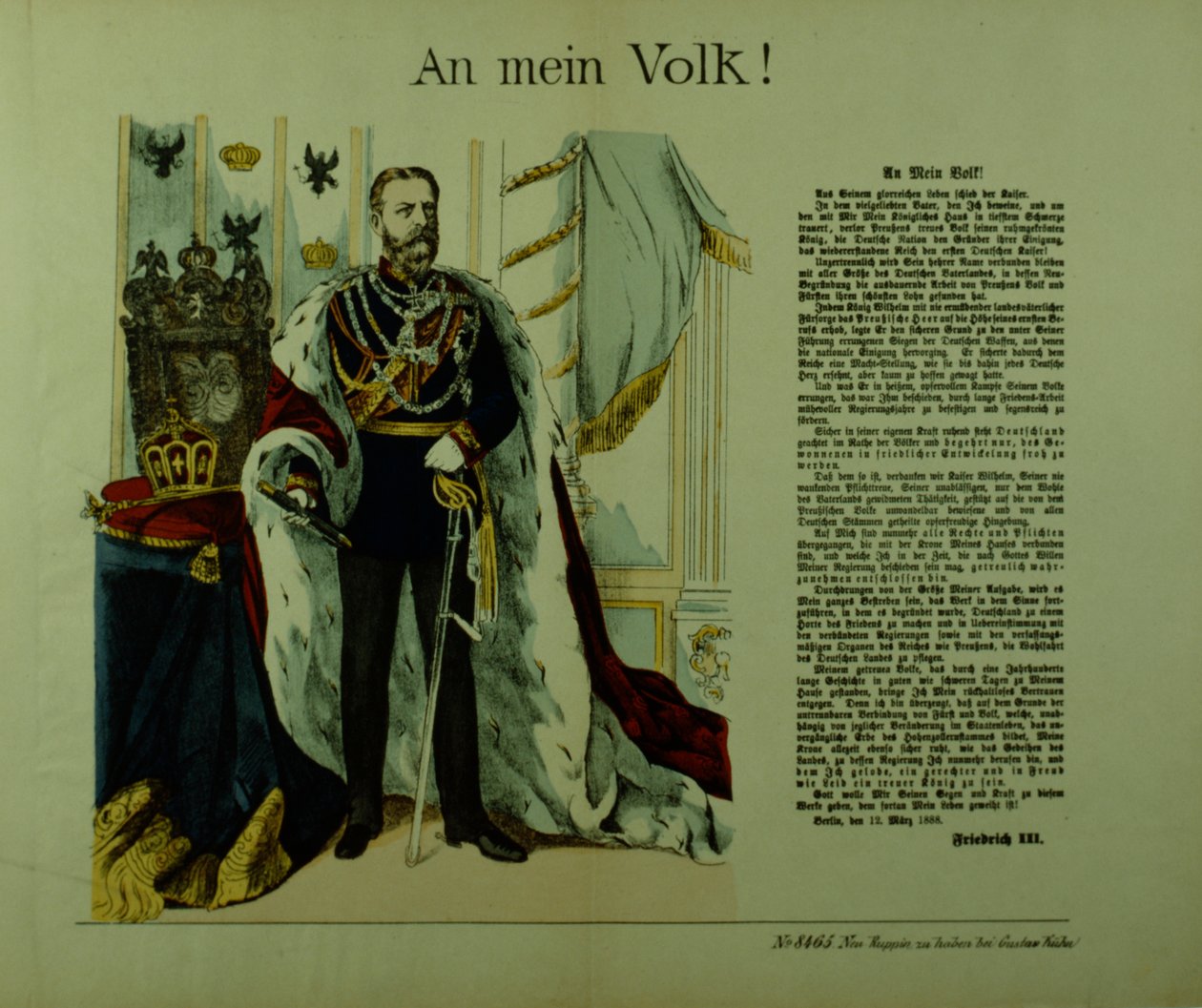 Jäljennös Friedrich III:n julistuksesta alamaisilleen, 12. maaliskuuta 1888. tekijältä German School