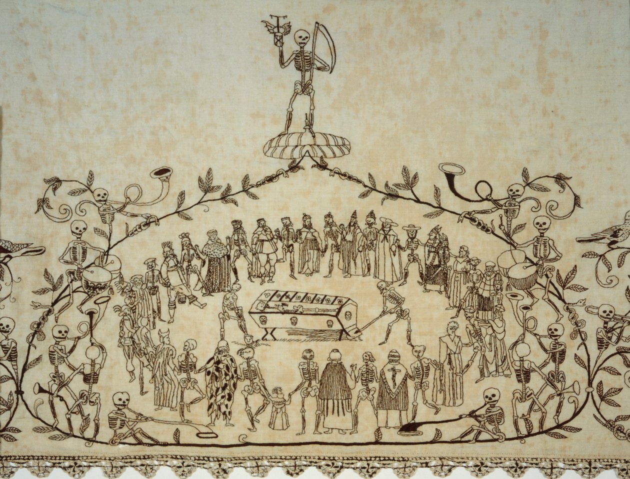 Yksityiskohta Kassler Totentanztuchin käärinliinasta, 1635-37 (pellava, silkki ja pitsi) tekijältä German School