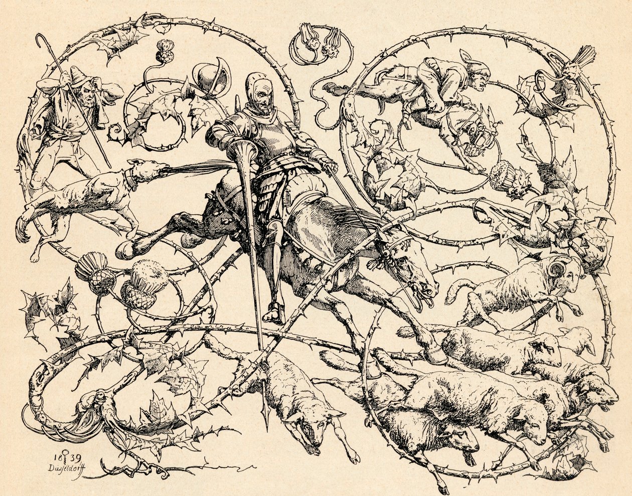 Don Quijote taistelee lammaslaumaa vastaan, sekoittaen heidät kahteen armeijaan, 1839, The Garden Arbor Family Journal -julkaisusta, julkaistu 1905 tekijältä German School