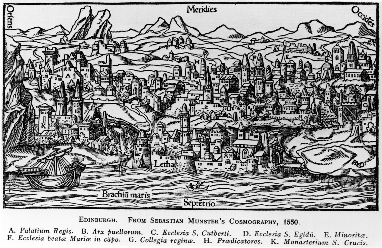 Edinburgh, kuvitus Sebastian Munsterin Cosmographiasta, 1550 tekijältä German School