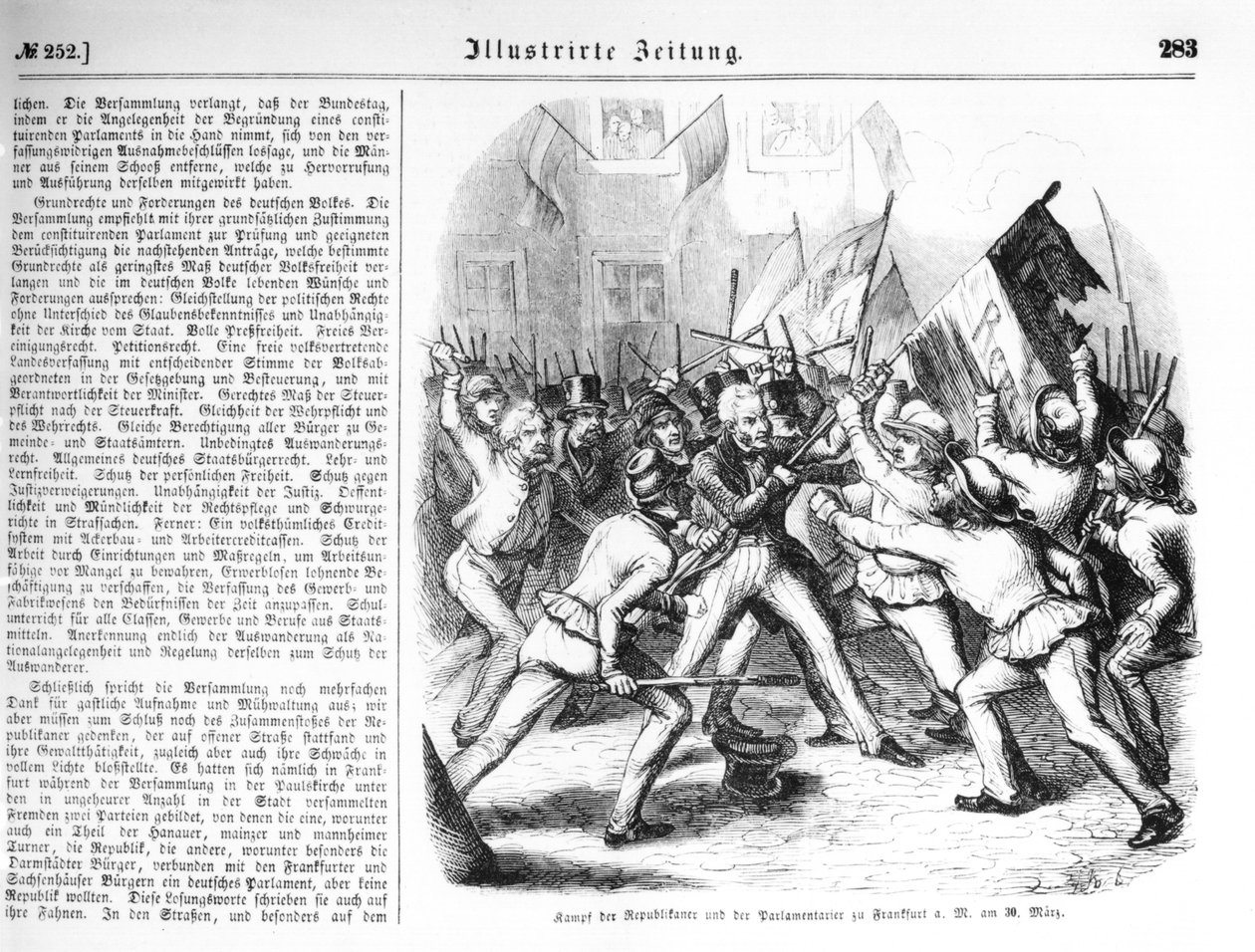 Taistelu republikaanien ja parlamentin jäsenten välillä Frankfurt-am-Mainissa 30. maaliskuuta 1848, kuva "Illustrierte Zeitungista" tekijältä German School