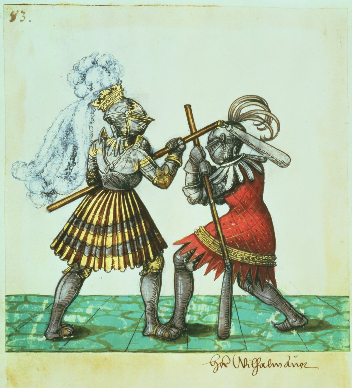 Fol.83 Saksan keisari Maximilian I (1459-1519) osallistui ihmisten väliseen taisteluun, "Freydal Codexista" tekijältä German School