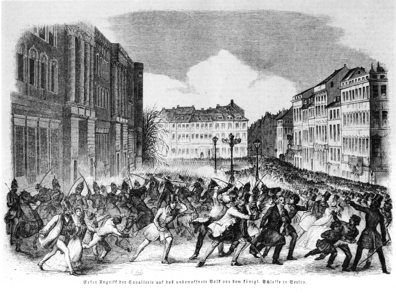 Kapina Berliinissä huhtikuussa 1848, kuvitus Illustrierte Zeitung -lehdestä. tekijältä German School