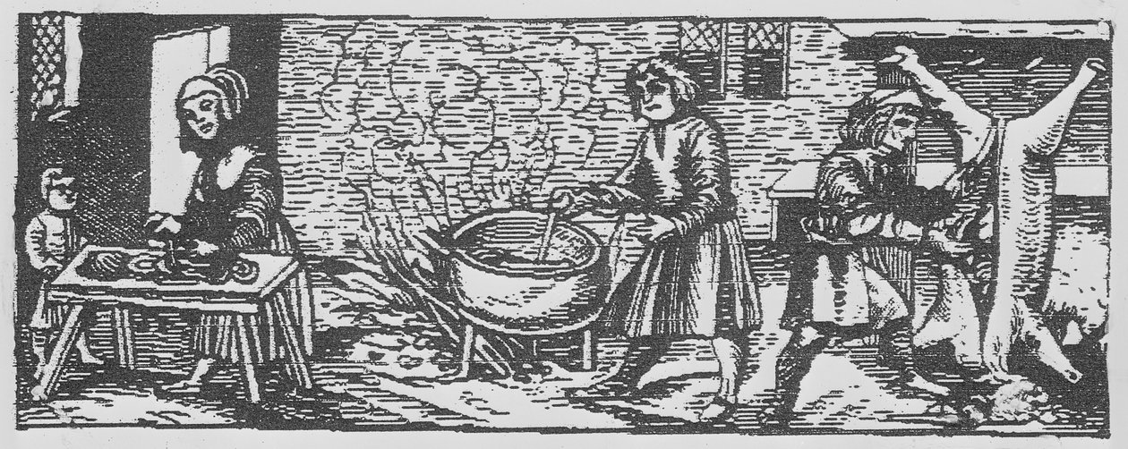 Keittiön sisustus, Jean Staefflerin Calendarium Romanumista, painettu Tubingen, Saksa, 1518 tekijältä German School