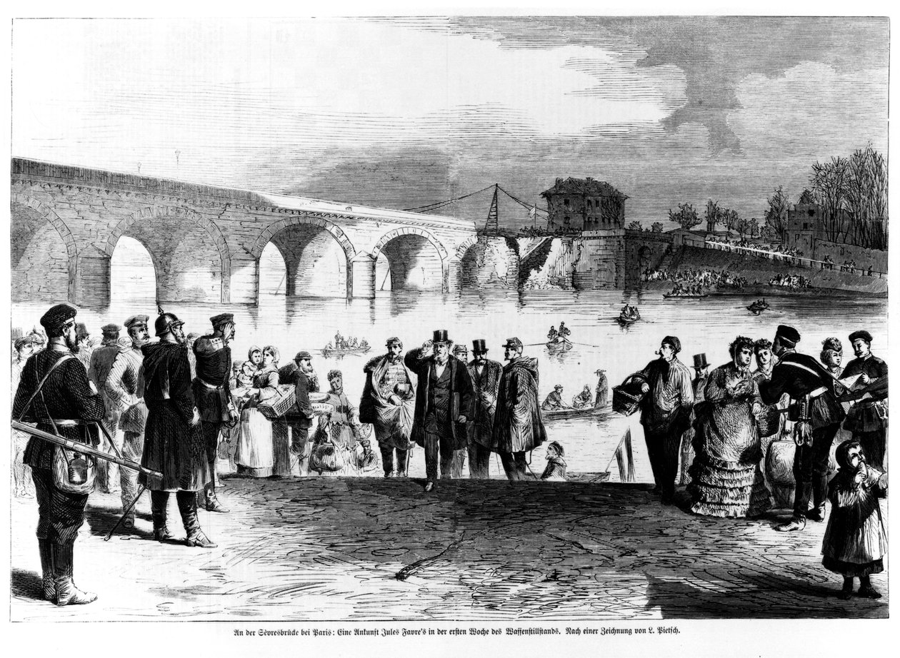 Jules Favre (1809-80) saapumassa Pont de Sevresiin, kuvitus Illustrierte Zeitungista, 1870-71 tekijältä German School