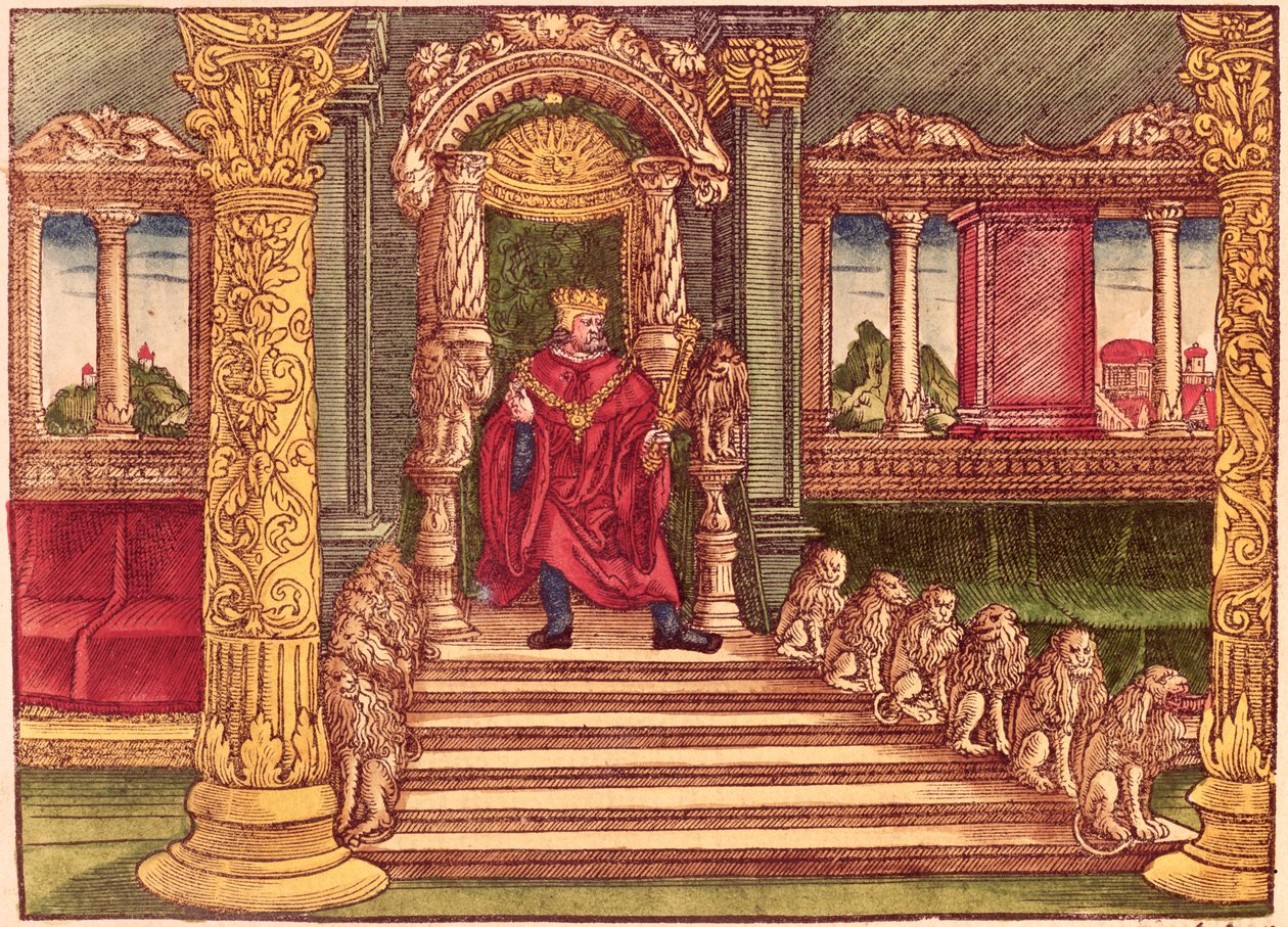 Kuningas Salomo valtaistuimellaan, 1. painos, Lutherin Raamatusta, n. 1530 (värillinen puupiirros) tekijältä German School