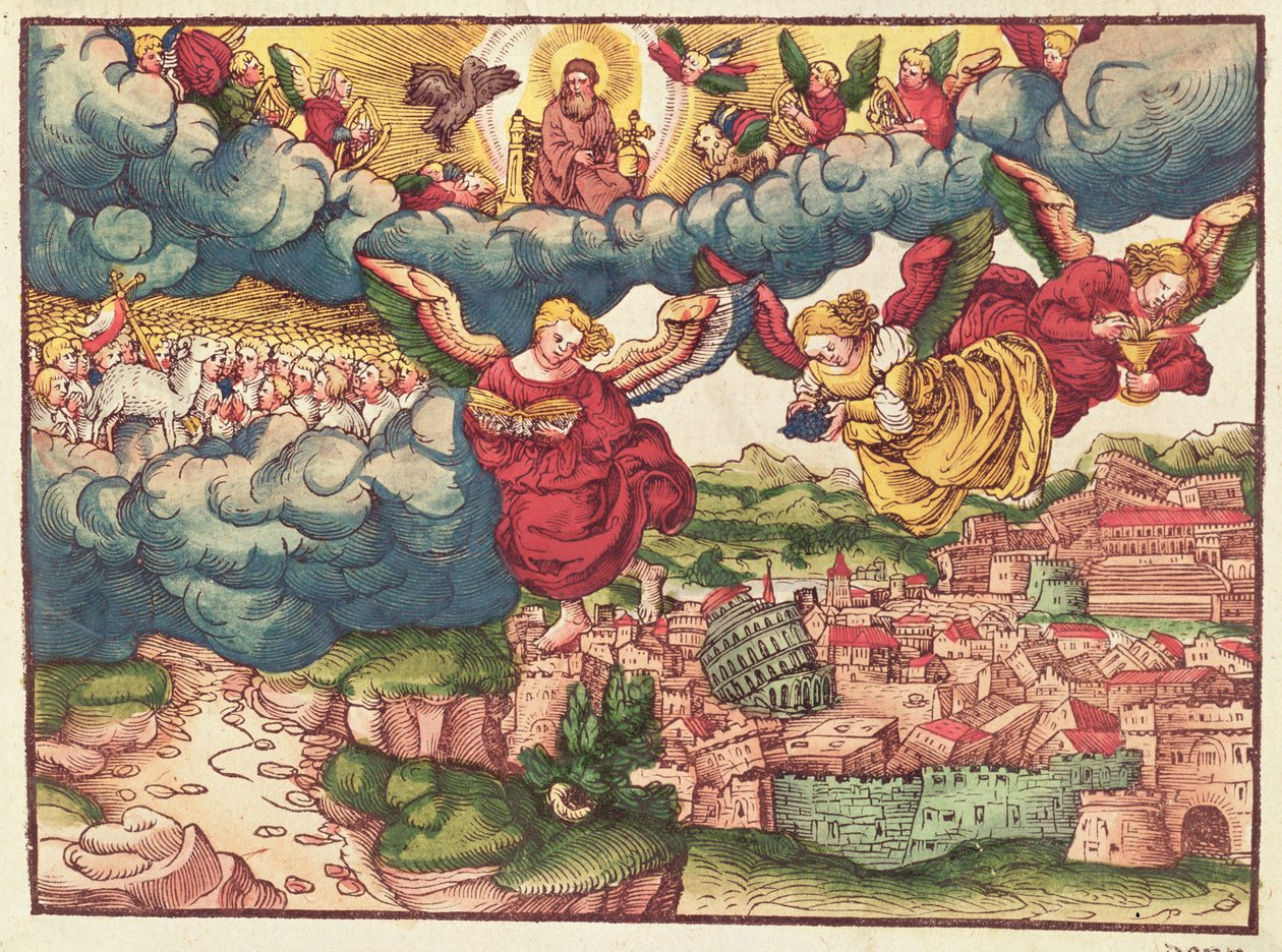 Viimeinen tuomio, Lutherin Raamatusta, n. 1530 (värillinen puupiirros) tekijältä German School