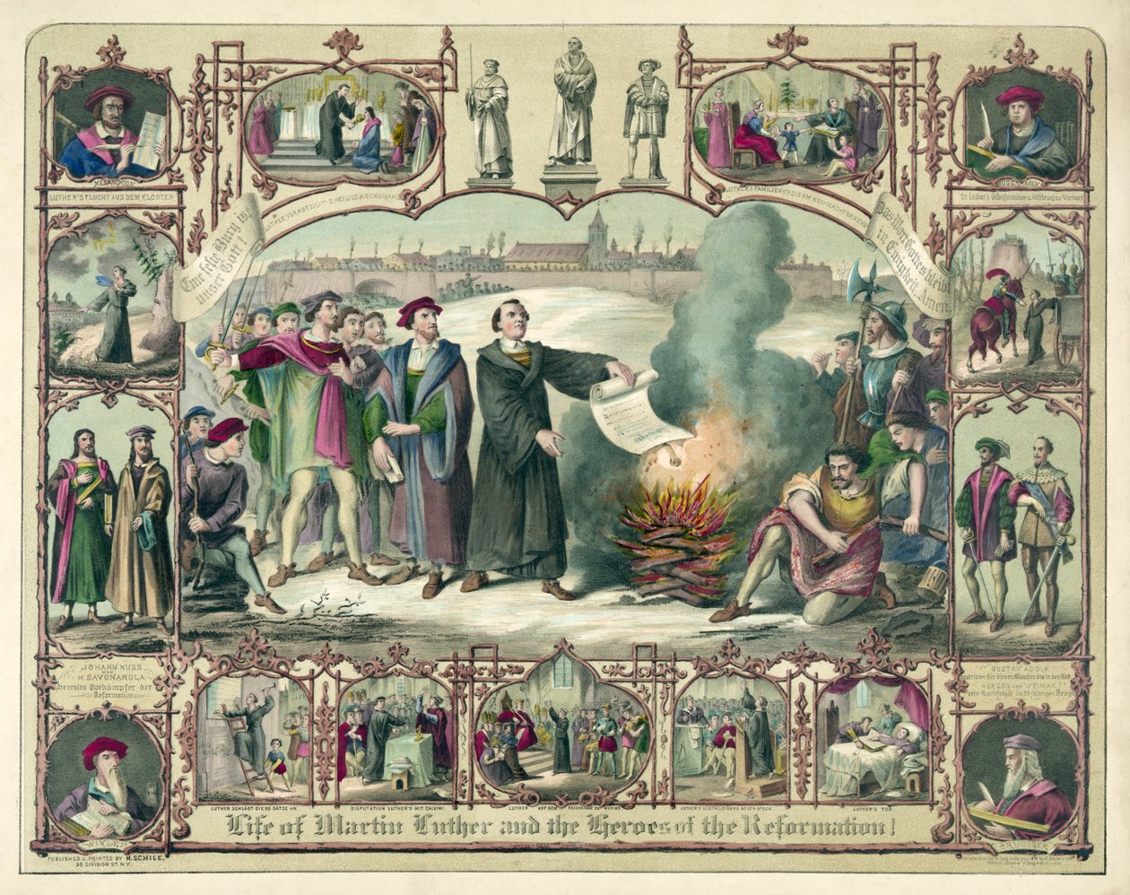 Martti Lutherin elämä ja uskonpuhdistuksen sankarit!, pub. 1874 (värilitografia) tekijältä German School