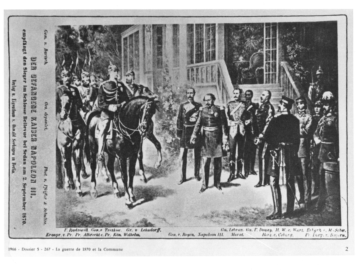 Keisari Napoleon III:n (1808-73) ja Keisari Wilhelm I:n (1797-1888) tapaaminen Bellevuen linnassa lähellä Sedania 2. syyskuuta 1870 tekijältä German School