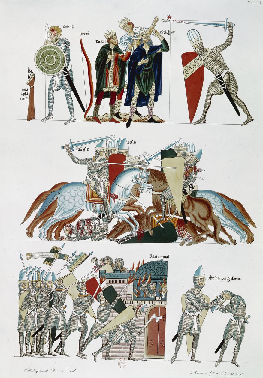 Ms Facs 227 pl.3 Tieajat, Joshuan taistelu ja Danin piiritys, Herrade de Landsbergin Hortus Deliciarumista, faksikopio 1100-luvun käsikirjoituksesta (kynä & muste ja wc paperilla) tekijältä German School