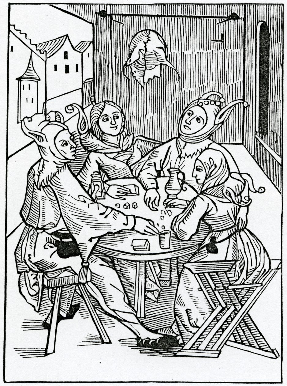 Karttapelaajista ja dysereista, kuvitus Alexander Barclayn englanninkielisestä käännöksestä "The Ship of Fools" vuonna 1874 julkaistusta painoksesta tekijältä German School