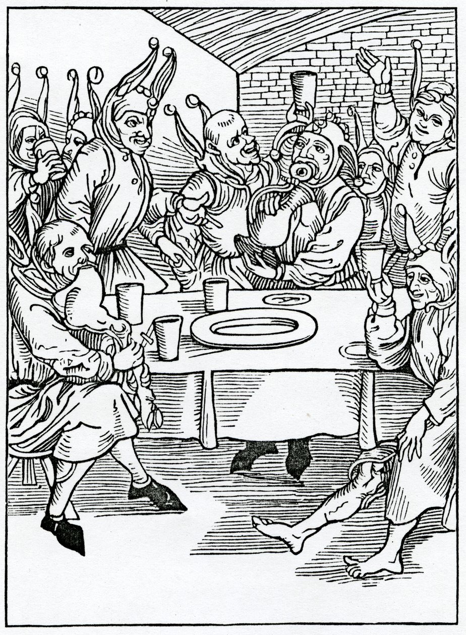 Glotoneista ja dronkardeista, kuvitus Alexander Barclayn englanninkielisestä käännöksestä "The Ship of Fools" vuonna 1874 julkaistusta painoksesta tekijältä German School