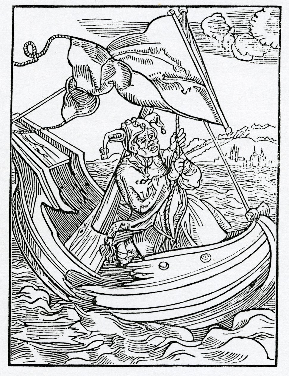 Of the despysynge of mysfortune, kuvitus Alexander Barclayn englanninkielisestä käännöksestä "The Ship of Fools", vuonna 1874 julkaistusta painoksesta. tekijältä German School