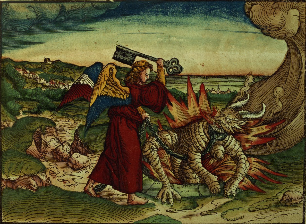Ilmestyskirja 20:18 Pohjattoman kuopan avain, 1. painos, Lutherin Raamatusta, n. 1530 (värillinen puupiirros) tekijältä German School