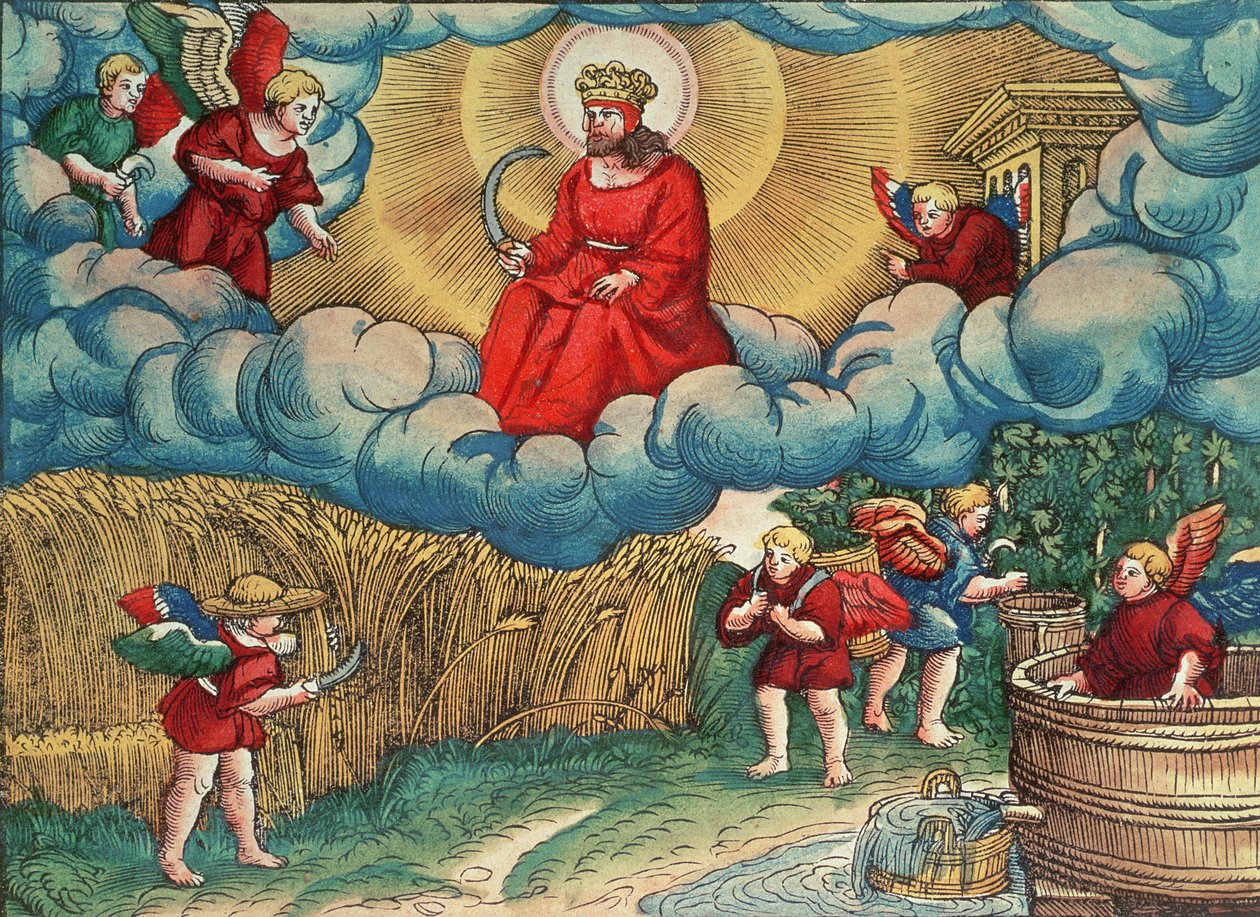 Ilmestyskirja 14:14 Viikatemies, Harmagedonin näky, Lutherin Raamatusta, n. 1530 (värillinen puupiirros) tekijältä German School
