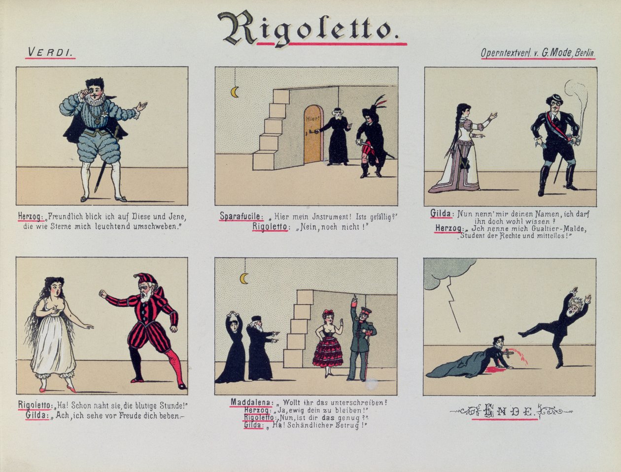 Kohtauksia Giuseppe Verdin (1813-1901) oopperasta "Rigoletto". tekijältä German School
