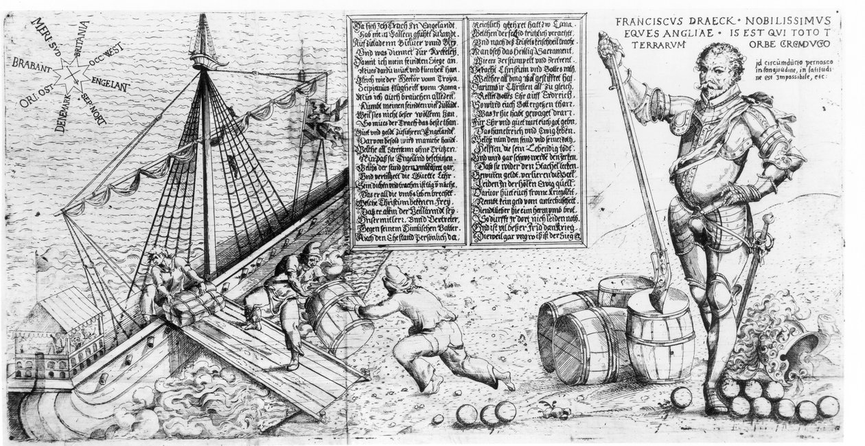 Sir Francis Drake (n. 1540-1596) tarkkailee aluksensa lastausta tekijältä German School